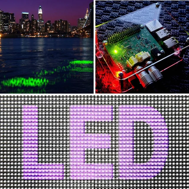 Collage of a green illuminated waterfront installation, an electronics controller with lights, and a purple LED display.